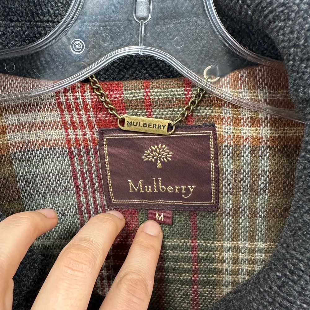 Vintage Mulberry London 90's Gray Wool Herringbone Hooded Toggle Pea Coat Size M - Picture 7 of 13